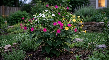 Planta con hojas verdes y flores tubulares de tonos rosa, blanco y amarillo sobre tierra con mantillo rodeada de vegetación.