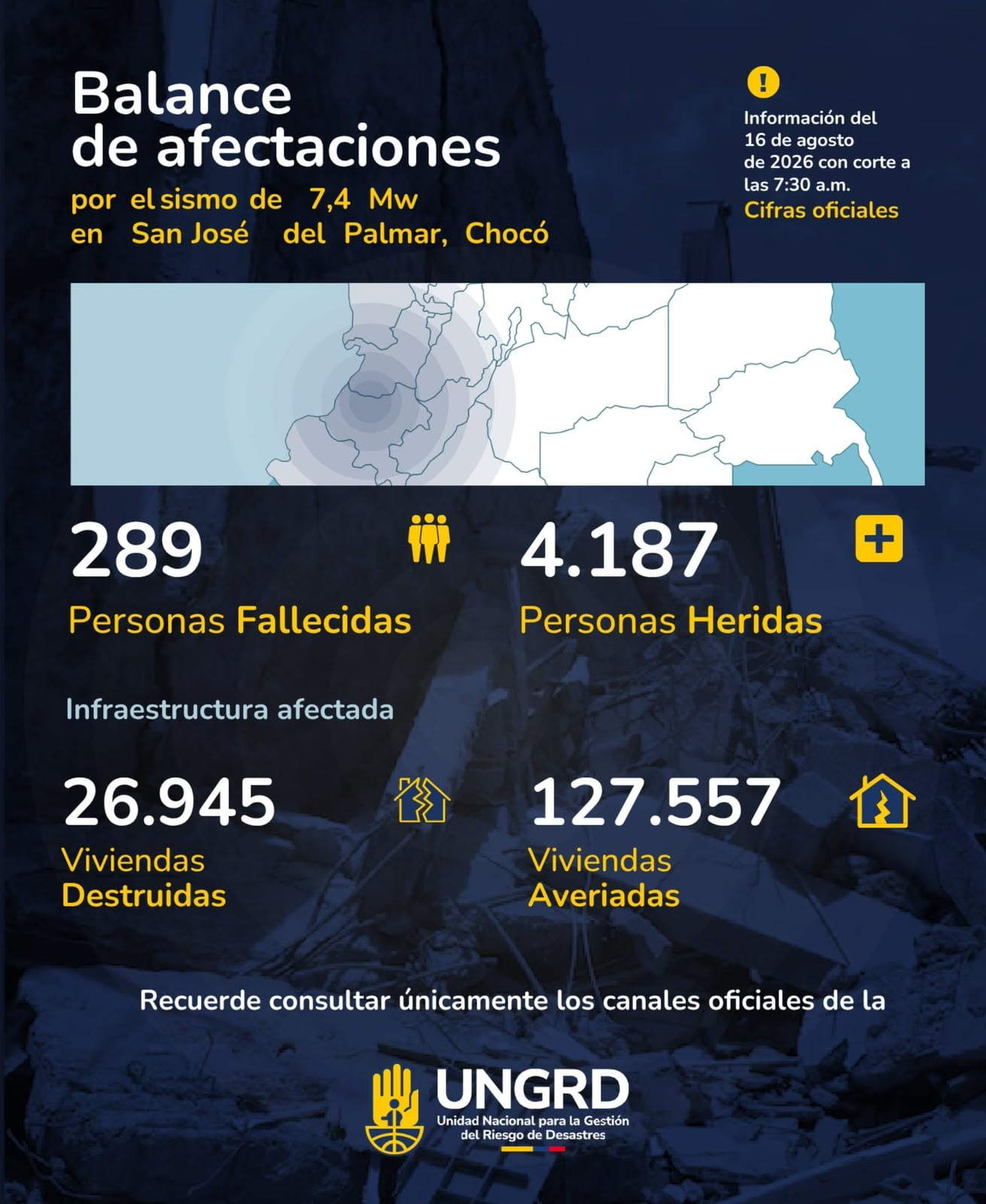 La Ungrd actualizó el reporte del damnificados y afectaciones por el terremoto - crédito @ungrd/X