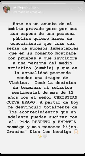 Comunicado de Pamela López anunciando