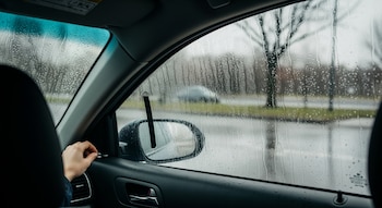 Mano abre ventanilla lateral de un auto con gotas de lluvia, vista exterior borrosa de calle, árboles y otro vehículo.