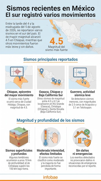 Infografía de sismos con mapa de México, estados afectados, gráficos de magnitud y profundidad, e iconos de efectos e intensidad.