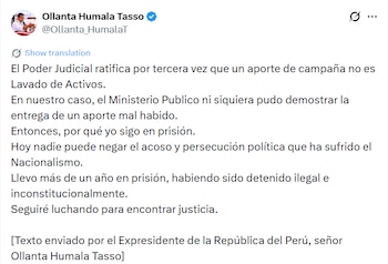 Una captura de pantalla muestra un tuit del expresidente peruano Ollanta Humala Tasso (@Ollanta_HumalaT) con su foto de perfil y un mensaje de texto en español