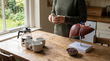 Una persona sostiene una taza de café en una mesa de madera con cafetera, tazas vacías, granos de café y un modelo anatómico de hígado.