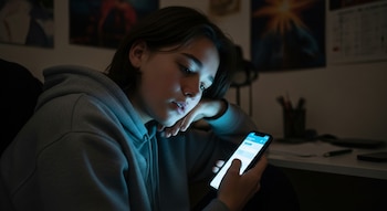 Un adolescente de 16-17 años con cabello oscuro y sudadera gris mira un celular con una interfaz de chat genérica en una habitación oscura por la noche.