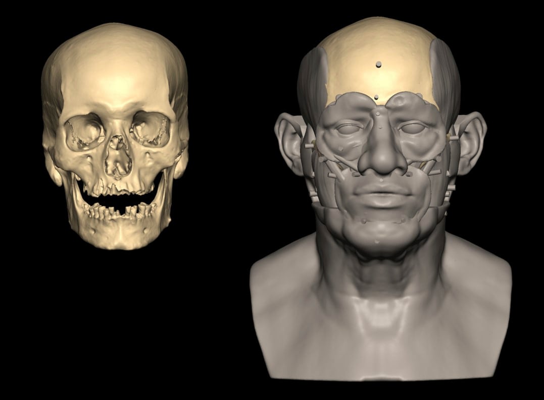 En la imagen, proporcionada por investigadores, se muestra la reconstrucción facial de un hombre cuyo esqueleto ha sido fechado mediante radiocarbono alrededor de los años 2855 y 2570 antes de Cristo en Nuwayrat, Egipto. (Caroline Wilkinson/ Universidad John Moores Liverpool vía AP)