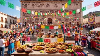 Varios platos de tacos, salsas y limones sobre una mesa decorada con papel picado en una plaza con puestos de comida y personas.