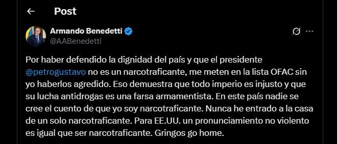 Las declaraciones de Benedetti se producen en un clima de creciente tensión entre Bogotá y Washington, marcado por los cuestionamientos de Petro a la política antidrogas estadounidense - crédito @AABenedetti/X