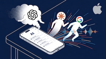 Ilustración: un iPhone en un escritorio. Una figura de nube con el logo de OpenAI se disipa. Dos figuras luminosas con logos de Anthropic y Google Gemini corren hacia el centro. Logo de Apple arriba.