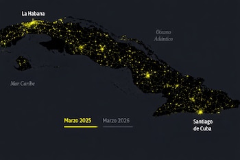 Mapa nocturno de Cuba con luces amarillas que indican centros urbanos. Se ven La Habana, Santiago de Cuba, Mar Caribe, Océano Atlántico y "Marzo 2025".