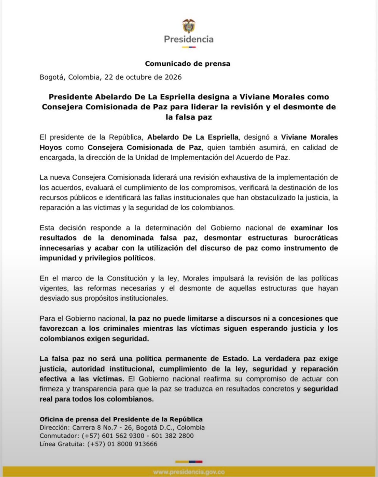 Este es el comunicado de Presidencia que confirmó la designación de la exministra y exfiscal Viviane Morales como consejera de Paz - crédito @Infopresidencia/X