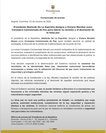 Presidencia confirmó designación de Viviane Morales como consejera de Paz