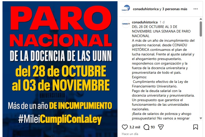 El comunicado con el que CONADU Histórica confirmó el paro nacional previsto del 28 de octubre al 3 de noviembre