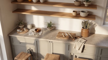 Encimera de cocina con tabla de cortar, tres cuchillos, cuencos de cerámica, plantas en maceta, estantes de madera y taburetes de mimbre.