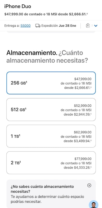 Captura de pantalla con las opciones de almacenamiento de 256 gigabytes a 2 terabytes y sus precios en pesos para el modelo iPhone Duo