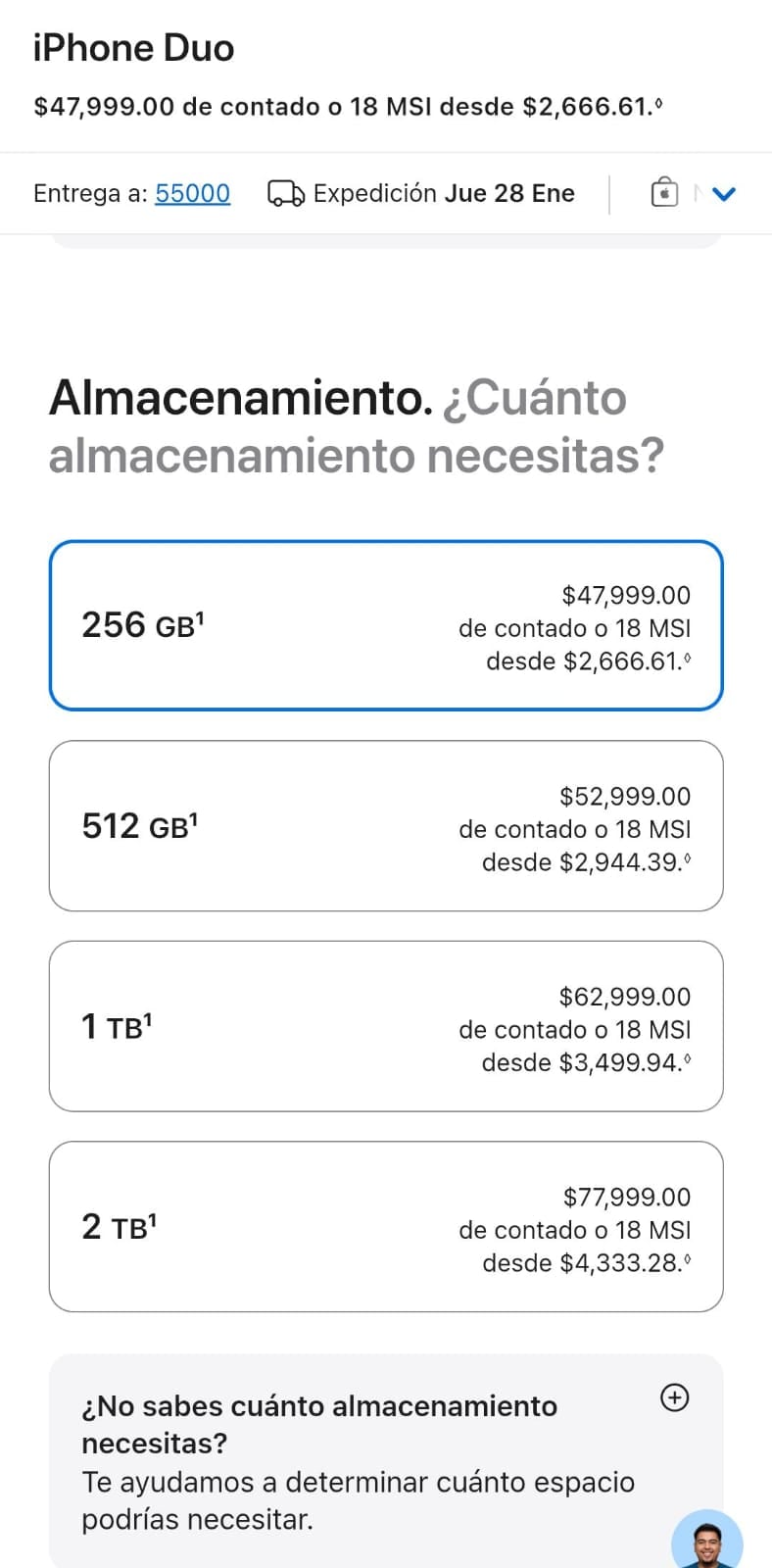Una captura de la tienda en línea presenta los precios del iPhone Duo en México, que oscilan entre 47.999 y 77.999 pesos según su capacidad de almacenamiento. (Captura de pantalla)