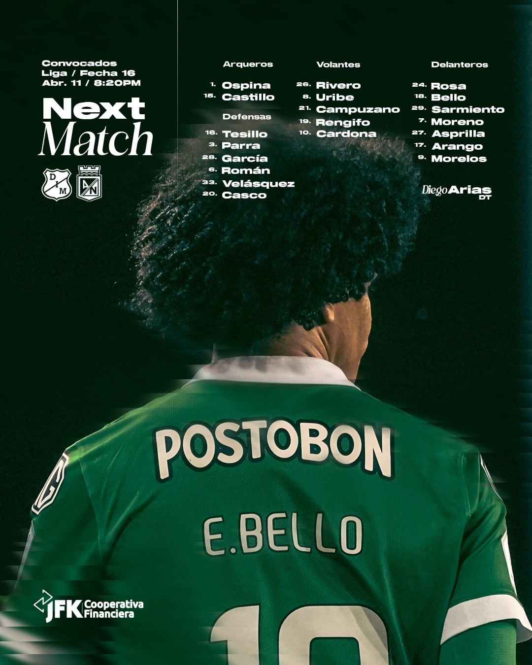 Este es el grupo de jugadores que tendrá Diego Arias para el clásico paisa-crédito @nacionaloficial/X