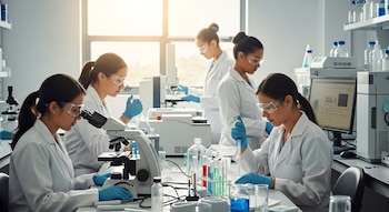 Cuatro científicas peruanas en batas blancas y gafas de seguridad, trabajando en un laboratorio con microscopios, pipetas y equipos.