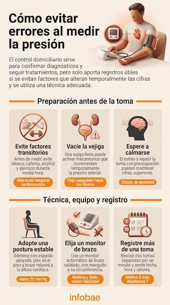 Infografía con seis recuadros ilustrados que explican pasos de preparación, postura correcta y uso de tensiómetros para medir la presión arterial.
