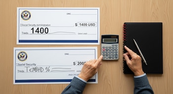 Dos cheques con montos de 1400 y 2000 dólares estadounidenses, una mano operando una calculadora, un bolígrafo y una libreta sobre una mesa de madera.