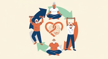 Ilustración de cinco adultos mayores realizando diferentes actividades físicas y de meditación en círculo, con un corazón y cerebro entrelazados en el centro.