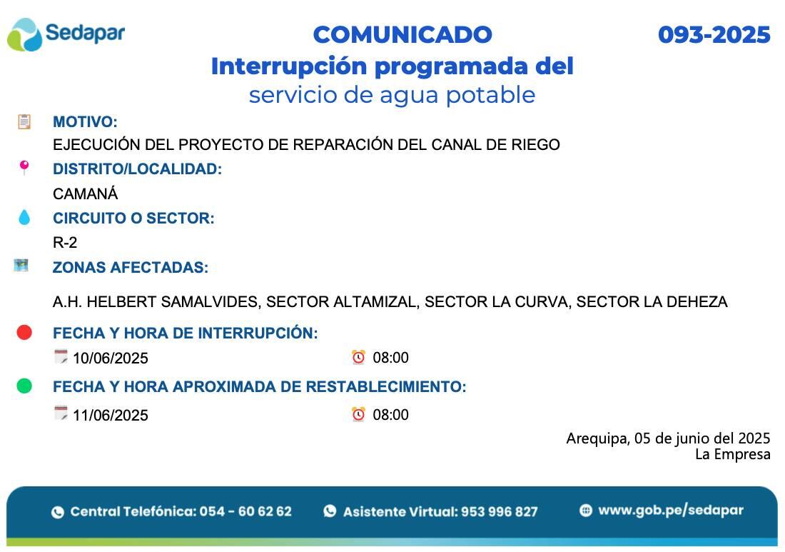 Sedapar anuncia corte de agua en Arequipa del 10 al 11 de junio.