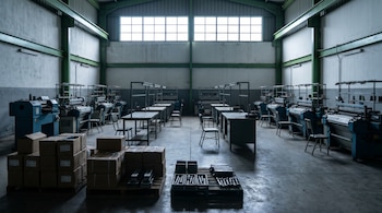 Interior de una amplia nave industrial con filas de máquinas apagadas, estaciones de trabajo vacías, cajas apiladas y herramientas sin uso. Luz natural entra por ventanales altos.