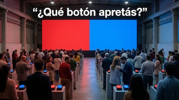 Una multitud de personas de espaldas observa una gran pantalla dividida en rojo y azul. Cada individuo tiene dos botones, uno rojo y uno azul, frente a ellos.
