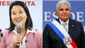 Fotografía con mujer de blazer rosa y micrófono a la izquierda; hombre de traje oscuro y banda presidencial con escudo nacional a la derecha