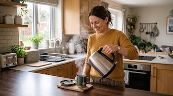 Una mujer sonriente con suéter amarillo vierte agua de un hervidor en una taza verde sobre la mesada de una cocina.