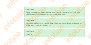 Tres recuadros verdes alineados verticalmente que contienen mensajes de texto enviados por un contacto identificado con el número 5954