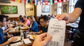 Manos intercambian un recibo en un restaurante animado. El recibo muestra "Propina automática 20%". Al fondo, comensales y banderas internacionales.