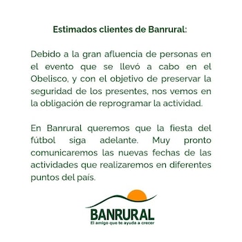 La entidad financiera informó, a través de sus redes sociales, sobre la reprogramación de la actividad que tuvo que suspender por la gran afluencia de personas, con el objetivo de preservar la seguridad de los presentes. Foto: Banrural