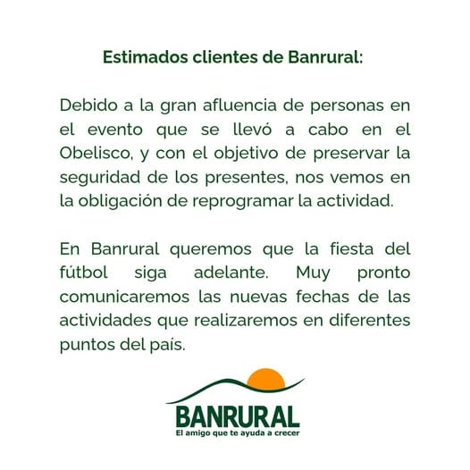 La entidad financiera informó, a través de sus redes sociales, sobre la reprogramación de la actividad que tuvo que suspender por la gran afluencia de personas, con el objetivo de preservar la seguridad de los presentes. Foto: Banrural