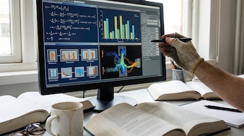 Mano con guante ajusta software en monitor con modelos matemáticos, gráficos de barras y simulaciones de personas. Libros, gafas y café en el escritorio.