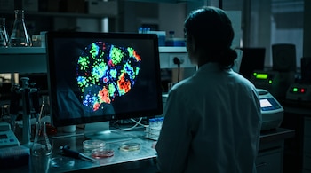 Una persona con bata blanca observa una pantalla con un gráfico molecular fosforescente en un laboratorio oscuro con equipo médico.