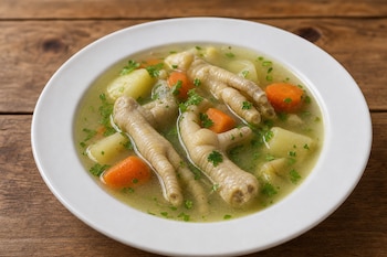 Plato hondo con caldo, patas de pollo, rodajas de zanahoria, trozos de papa y perejil picado sobre una mesa de madera.
