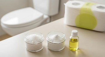 Tres recipientes, con sal gruesa, bicarbonato y aceite esencial, sobre una encimera beige de baño, con un inodoro y papel higiénico desenfocados al fondo.