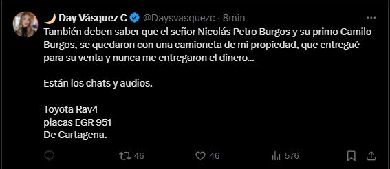 Vásquez denuncia a Nicolás Petro por un presunto robo de camioneta - crédito Day Vásquez/X