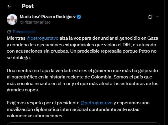 María José Pizarro salió en defensa de Gustavo Petro en su cuenta de X - crédito @PizarroMariaJo