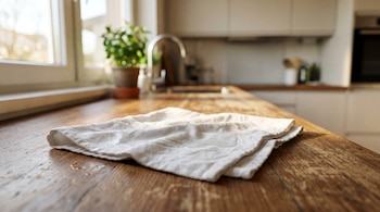 Paño blanco ligeramente húmedo y plegado sobre una mesada de madera. Al fondo, una cocina moderna con grifo, planta y ventana.