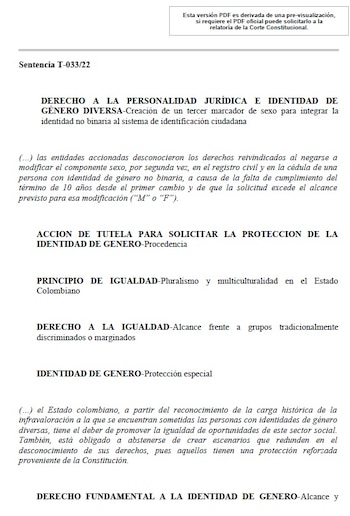 La Sentencia T-033 establece que el Estado debe asegurar espacios inclusivos para las personas que han realizado cambios legales en su identidad - crédito Corte Constitucional