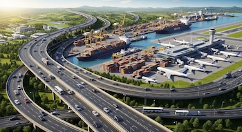Vista aérea de una compleja red de infraestructuras con autopistas, un puerto con buques y contenedores, y un aeropuerto con aviones.