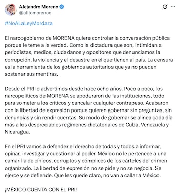 En un mensaje difundido en sus redes sociales, el líder priista llama a no permitir la censura contra los medios de comunicación y acusa a Morena de intentar controlar la conversación pública