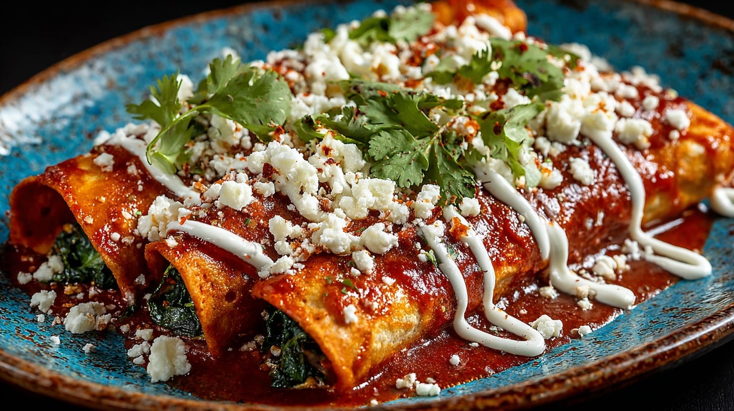 Enchiladas rellenas de espinaca bañadas en adobo de chile guajillo fermentado, un platillo mexicano lleno de tradición y sabor. - (Imagen Ilustrativa Infobae)