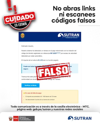 Circulan falsas "órdenes de captura vehicular por deuda de papeletas" a través de correos electrónicos y WhatsApp. (Foto: Sutrán)