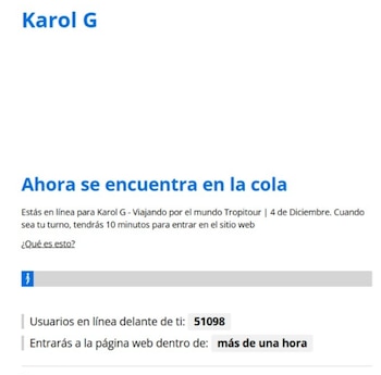 Más de 50 mil personas en la fila de preventa para el concierto de Karol G en Bogotá - crédito captura de pantalla Ticketmaster