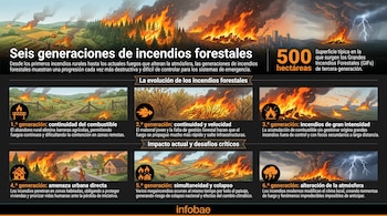 Infografía de Infobae con seis paneles que muestran la evolución y características de las generaciones de incendios forestales.