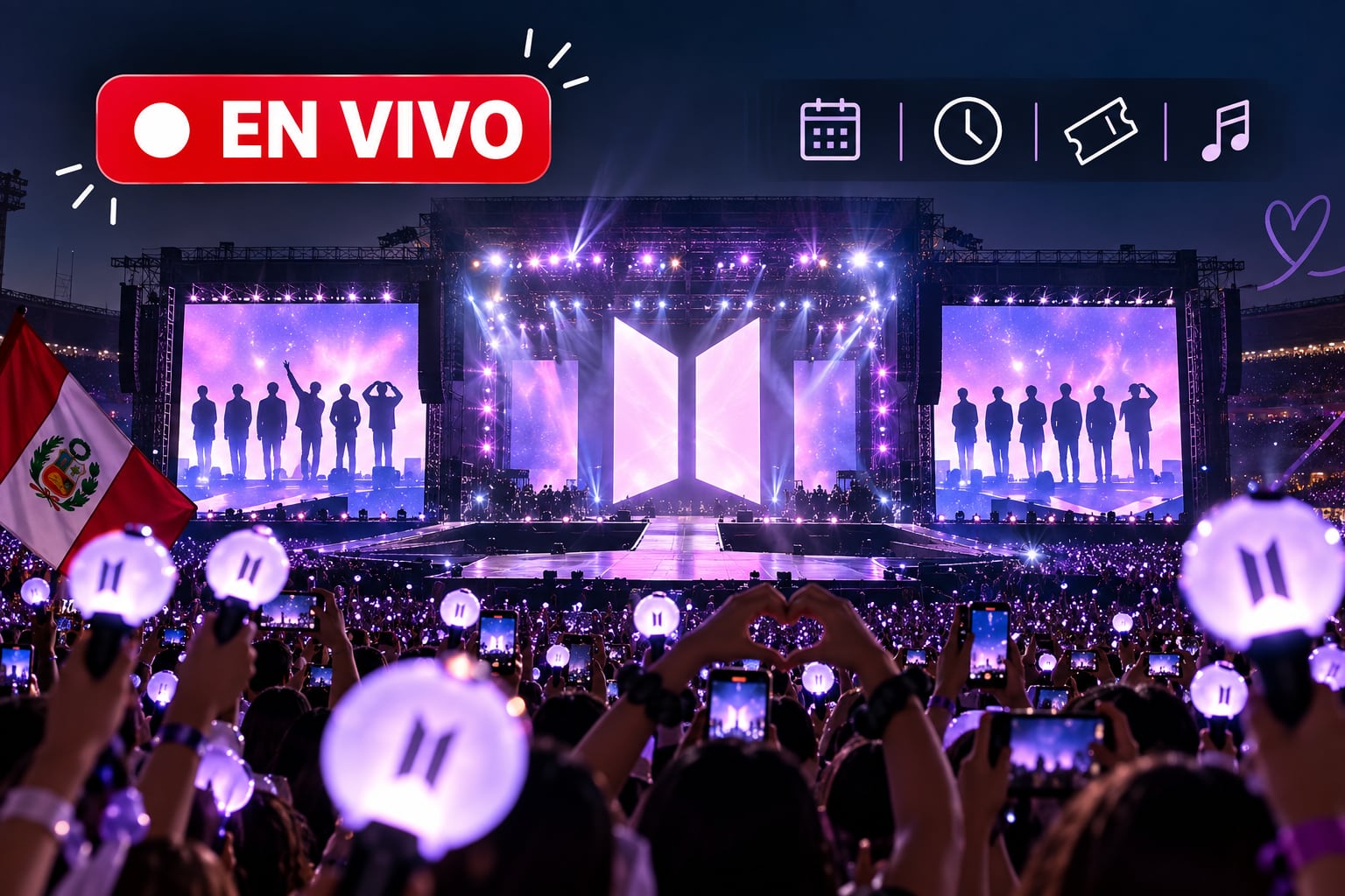 Un público multitudinario sostiene bastones de luz y una bandera de Perú durante la presentación en vivo del grupo de música BTS sobre un escenario iluminado. (Imagen Ilustrativa Infobae)