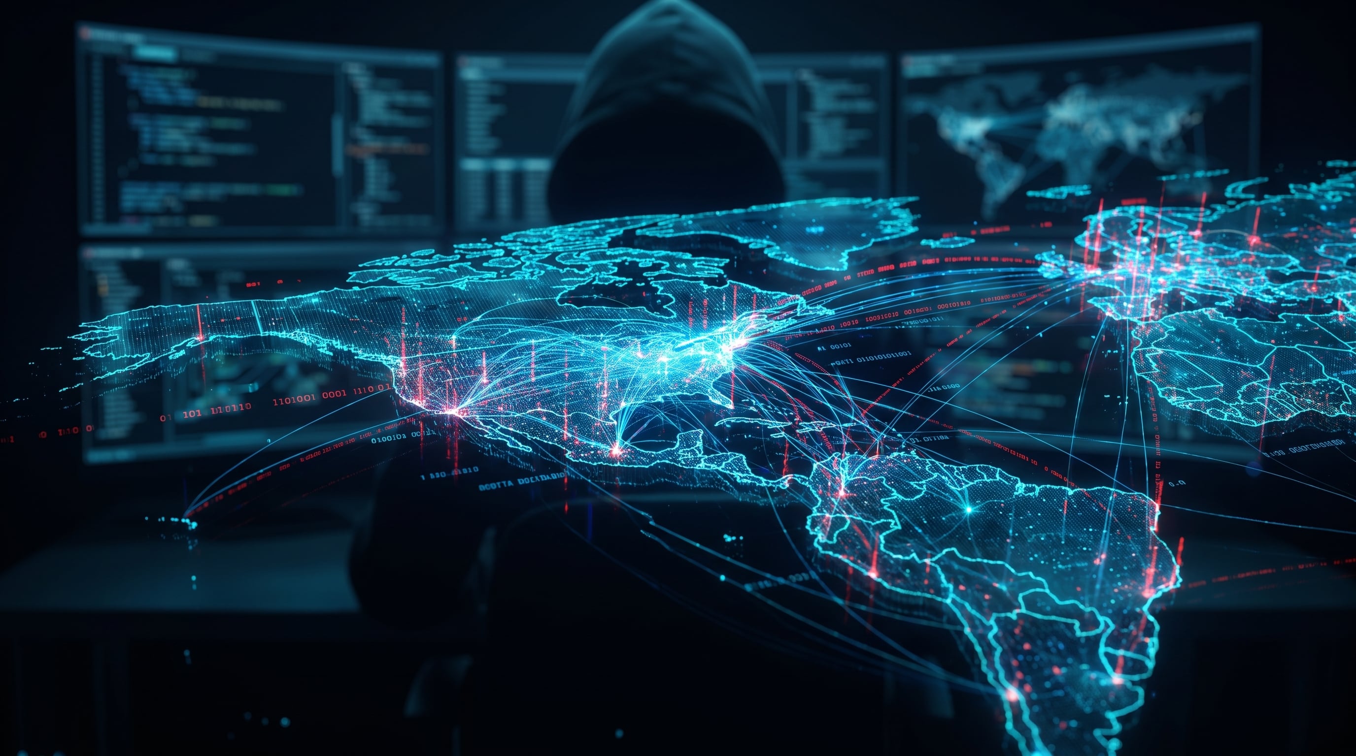 Un mapa digital del continente americano ilustra la red de conexiones informáticas y ciberataques reportados en la región según el informe de defensa digital de Microsoft. (Imagen Ilustrativa Infobae)