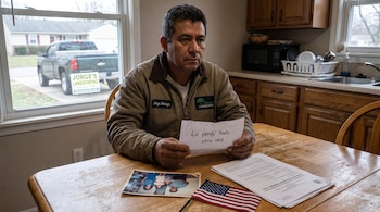 Hombre sentado a una mesa. Sostiene un papel con texto. En la mesa hay una bandera de Estados Unidos, documentos y una foto familiar. Un camión es visible por la ventana.
